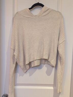 aerie OFFLINE Ribbed Hooded Cropped Sweater - Cream - Size M - Loose Fit